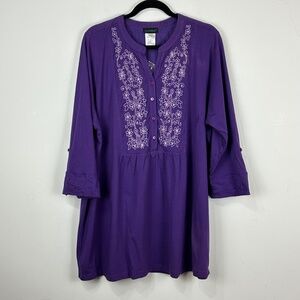 NWOT Ulla Popken Embroidered. Purple V-Neck Tunic Top 20/22 Boho Beach